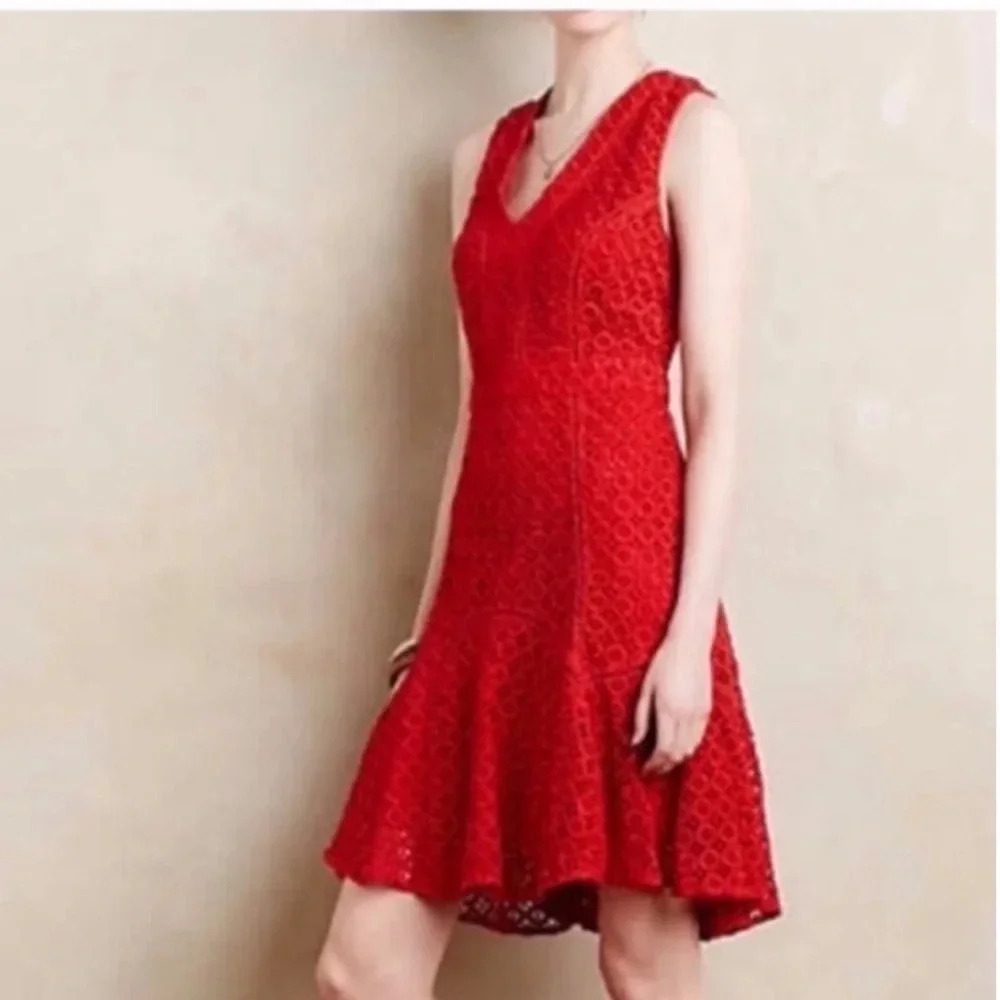 Anthropologie Red Sleeveless Lace Midi Dress